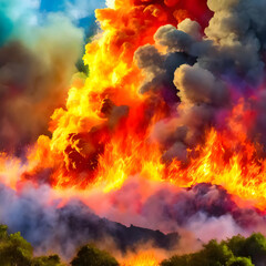 fire in the forest.a massive fire explosion border engulfing the horizon, with vibrant fiery hues illuminating the sky and thick smoke billowing upwards. The illustration should convey a sense of dang