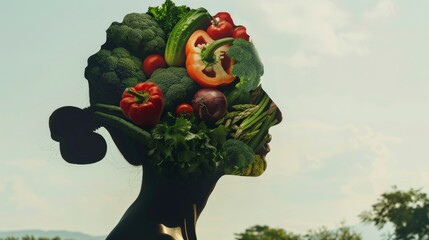Artistic representation of a female silhouette with vegetables in the shape of a brain, promoting nutritional psychology - 798598838