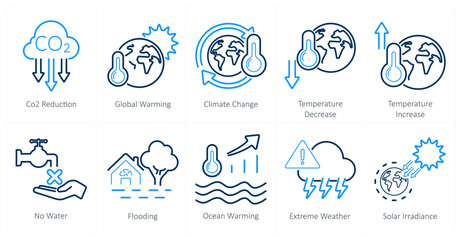 A set of 10 climate change icons as co2 reduction, global warming, climate change