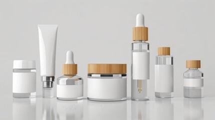 Plastic and wooden or bamboo cosmetics bottles mockup with blank labels, organic eco-friendly products and recyclable packages, minimalistic design for presentation, AI generated image