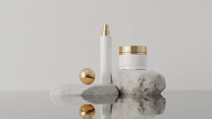 Elegant composition with cosmetics bottles mockup, luxury skincare products with empty blank labels, beauty concept, banner with copy space, AI generated image