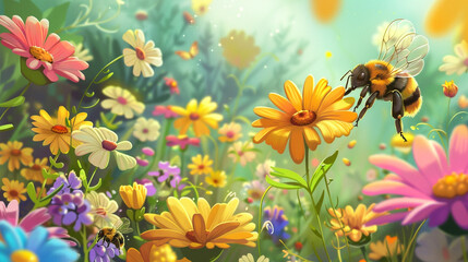 Bee Emoji A busy bee pollinating colorful flowers in a garden collecting nectar and spreading pollen as it contributes to the cycle of life. - Powered by Adobe
