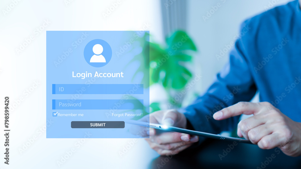 Fototapete hand touching login username and password icon for safety internet security access or user sign regi