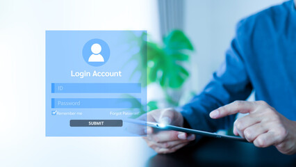 Hand touching login username and password icon for safety internet security access or user sign...
