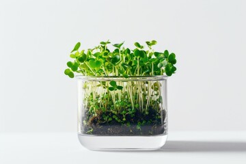 Different types of microgreen in transparent glass container, healthy food and vegan diet concept, plant on a light background, banner photo, AI generated