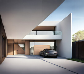 A sleek minimalist home with a garage door
