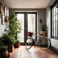 Fototapeta na wymiar A vintage inspired bicycle with a wicker basket and leather seat parked in a cozy studio