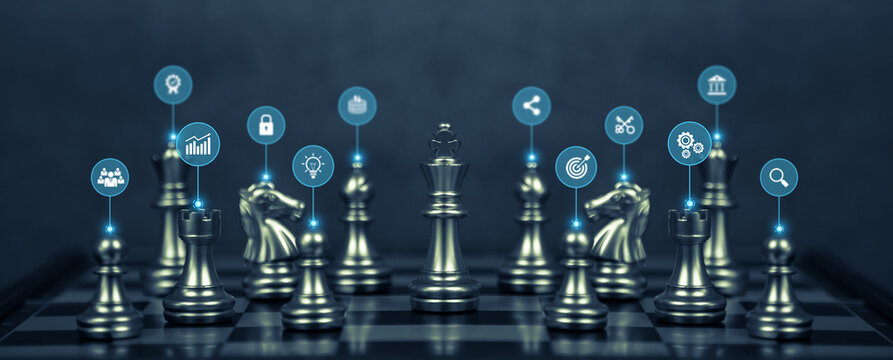King chess with team player and leadership strategy icons for wining challenge or business teamwork and strategic planning and human resources organization risk management.