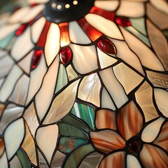 Close-up of a lamp shade with intricate floral designs, made from stained glass, set against a neutral background to highlight its artistry.