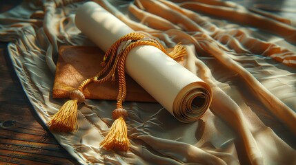 Creative collage of graduation items such as a rolled diploma, tassel, and cap, arranged artistically with soft lighting