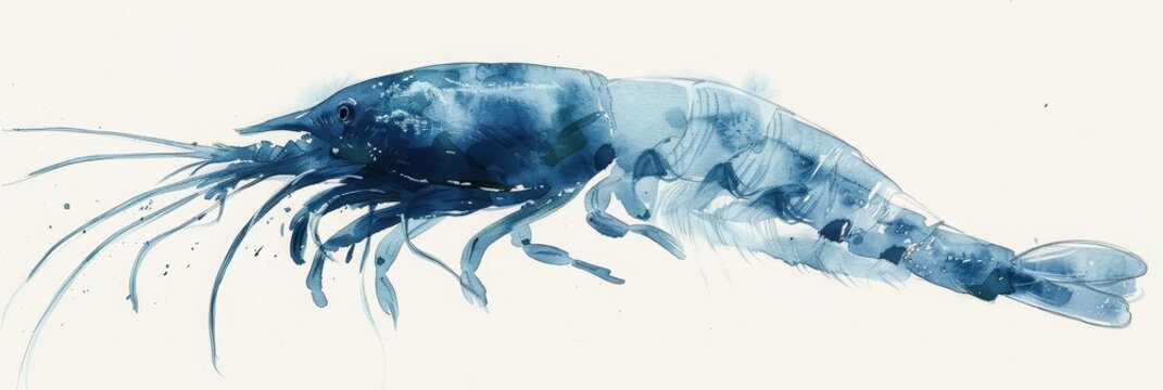 A watercolor painting of a minimal krill, tiny and simple against the vast ocean, on a white background