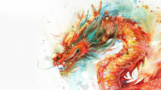 A watercolor painting of a clean dragon dance, vibrant and lively, celebrating Chinese New Year, on a white background