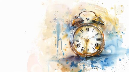 A watercolor painting of a clean clock striking midnight, marking the start of New Years Day, on a white background