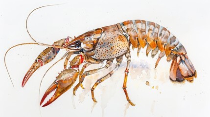A watercolor painting of a clean crayfish, its claws poised elegantly, on a white background