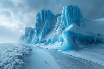 Glacial formations sculpted by time and erosion, their icy surfaces gleaming in the polar twilight.