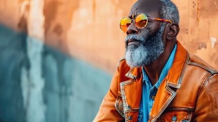 Senior hipster man in bold sunglasses and faded jacket outdoors on city street, confident elderly man portrait, AI generated image