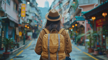 Fototapeta premium Rear view of young Asian traveling women walking in the city, traveler and tourist concept, generative ai
