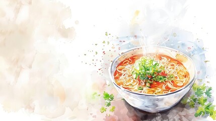 A watercolor painting of a cute bowl of ramen, steam rising above soft noodles, on a white background