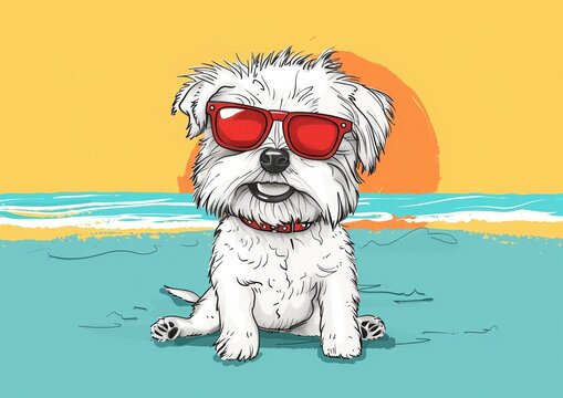 Cute Cartoon Dog Wearing Sunglasses on Beach Illustration