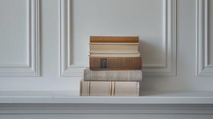 A stack of books on a white shelf.