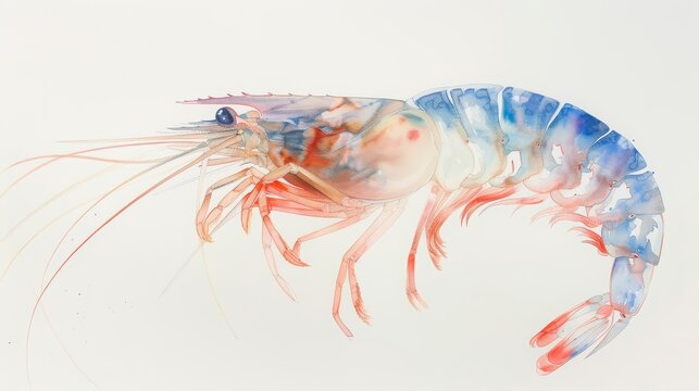 A watercolor painting of a simple shrimp with its translucent body curving gracefully, on a white background