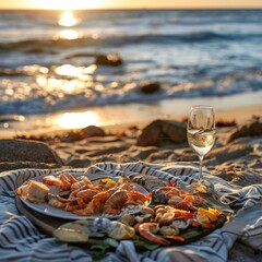 Seaside Picnic, Seafood and Wine on Ocean Shore Blanket