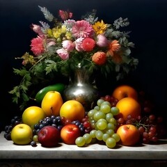  Stillleben - Blumen und Früchte. Hintergrund für das Design 3.