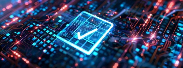 Futuristic technology concept. Technological interface with checked items in checklist. On dark background.