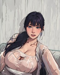 Close-up of sexy big breasts. Erotic Woman's breasts or big natural boobs in lingerie. Sexy big boobs anime manga girl. Generative AI
