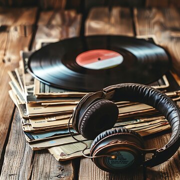 Vintage vinyl records and headphones on a wooden table, concept of classic rock music nostalgia, soft focus background.