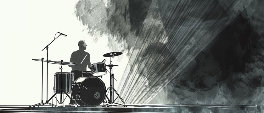 A dramatic silhouette of a drummer behind a drum kit, illuminated by stage lighting and enveloped in fog, creating a dynamic and atmospheric scene for a letterhead with copy space