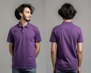 Front and back views of a man wearing a purple polo shirt mockup template