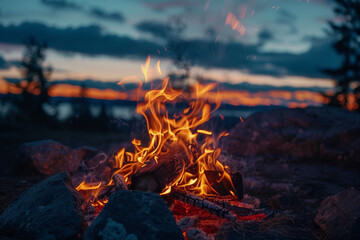 A close-up of a campfire as flames dance against a backdrop of twilight.