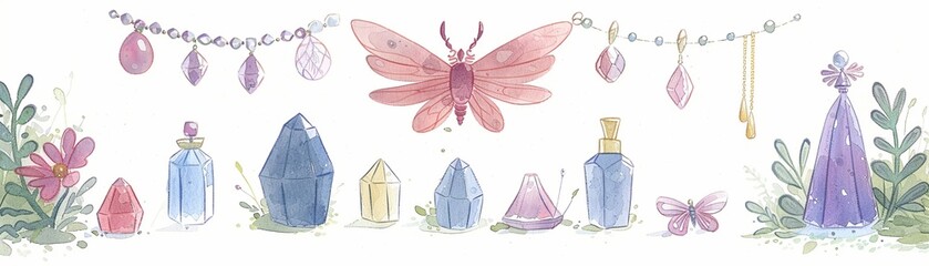 A magical watercolor illustration of a set collection of purple delicate accessories for a fairy princess, with soft lavender hues, isolated on a white background