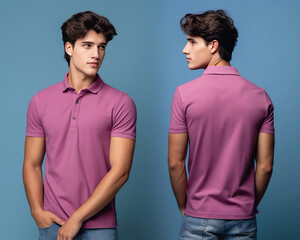 Fototapeta premium Front and back views of a man wearing a purple polo shirt mockup template