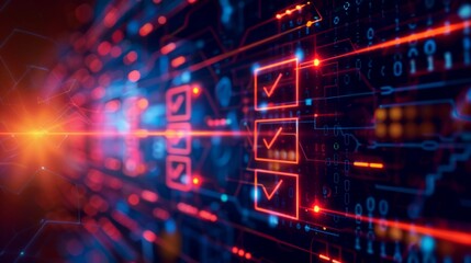 Futuristic technology concept. Technological interface with checked items in checklist. On dark background.