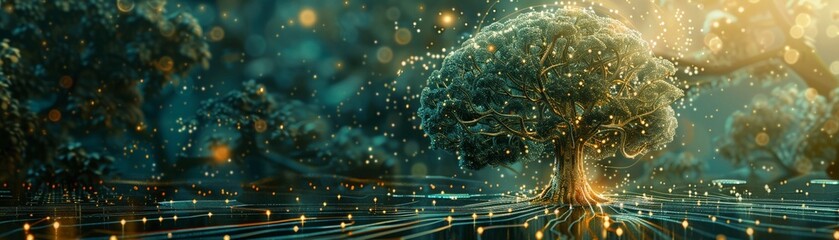 A symbolic graphic featuring a tree of life, a brain, and a computer chip, representing the harmonious coexistence of nature and technology in a creative design 8K , high-resolution, ultra HD,up32K HD