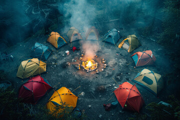 A cluster of colorful tents arranged in a semicircle around a central campfire, smoke rising lazily into the air. - obrazy, fototapety, plakaty