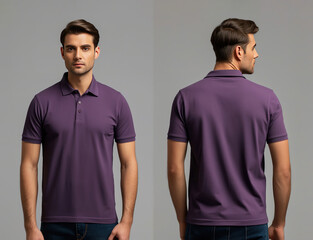 Front and back views of a man wearing a purple polo shirt mockup template