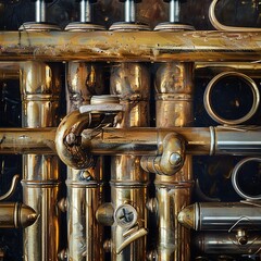 Close-up of a brass trumpet with intricate details on the valves and mouthpiece, richly textured background.