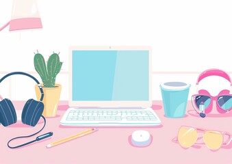 Modern Work Desk Setup with Laptop, Headphones, and Coffee Cup on Pink Background