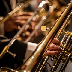 Fototapeta premium Close-up of a slide trombone being played, detailed view of the sliding mechanism and musician's skilled hands.
