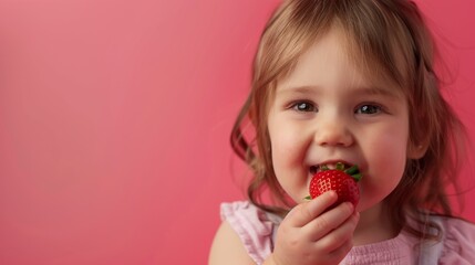 Little girl eating strawberry fresh fruit for healthy skin lifestyle isolated pink