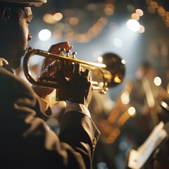 Fototapeta premium Solo trumpet player performing in a jazz band on stage, spotlight enhancing the brass shine, audience in soft focus.