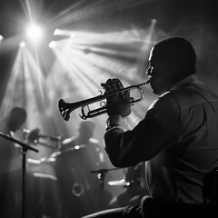 Solo trumpet player performing in a jazz band on stage, spotlight enhancing the brass shine, audience in soft focus.
