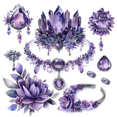 An enchanting watercolor drawing of a set collection of purple delicate accessories for a fairy princess, with a soft lavender color palette, isolated on a white background