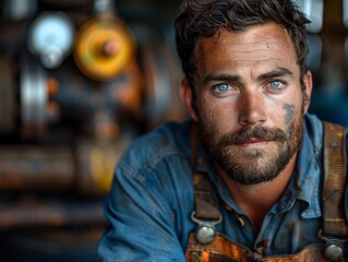 A man in a yellow hard hat and blue shirt is standing in front of a pipe