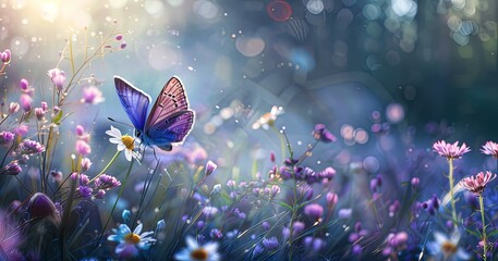 Spring Serenity: Butterfly and Purple Flowers in Sunlit Meadow
