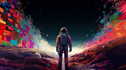 Capture a unique perspective of an astronauts psychological journey in space, merging vivid colors and sharp lines in a pixel art format Create a sense of isolation and introspection through glitch ar