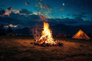 A crackling bonfire under a star-studded night sky, surrounded by tents and laughter.